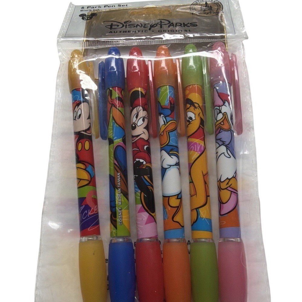 Disney Parks Set of 6 Black Ballpoint Pens Mickey Minnie Pluto Goofy Donald Duck